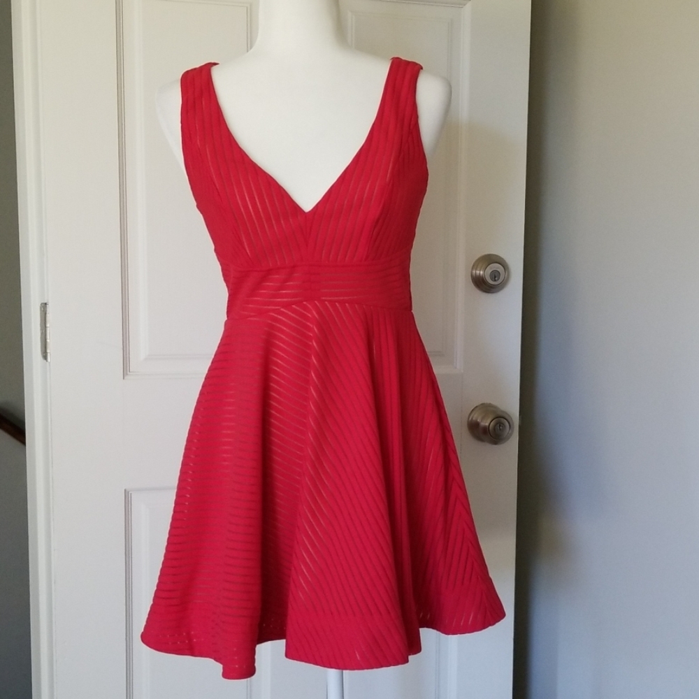 Luxxel Red Striped Dress with Nude Lining Sz Small